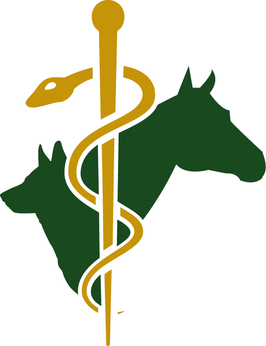 Das Logo von AW-Tiertherapie ist zu sehen. Das logo besteht aus einem goldenen Äskulapstab und zwei dunkelgrünen Tierköpfen. Der Hund schaut nach links und das Pferd nach rechts. Beide haben die Ohren gespitzt.