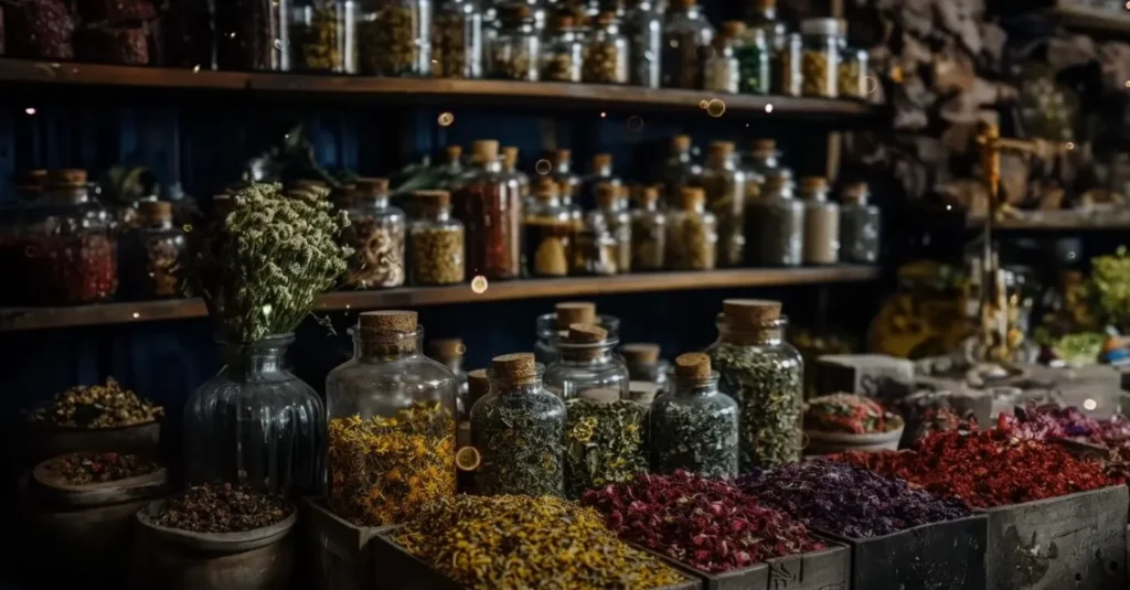 Auf diesem Hintergrundbild sind viele verschiedene getrocknete Kräuter in Vorratsgläsern in verschiedenen Regalen zu sehen. Der Raum erinnert ein wenig an eine mittelalterliche Kräuterapotheke.