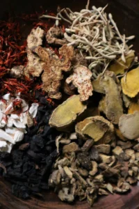 Zu sehen sind verschiedene Pflanzen und Pilzteile die als Heilkräuter zum Einsatz kommen.